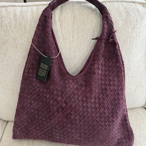 Woven Suede Leather Slouchy Hobo Shoulder Bag, Burgundy Red Purple - Picture 6 of 15